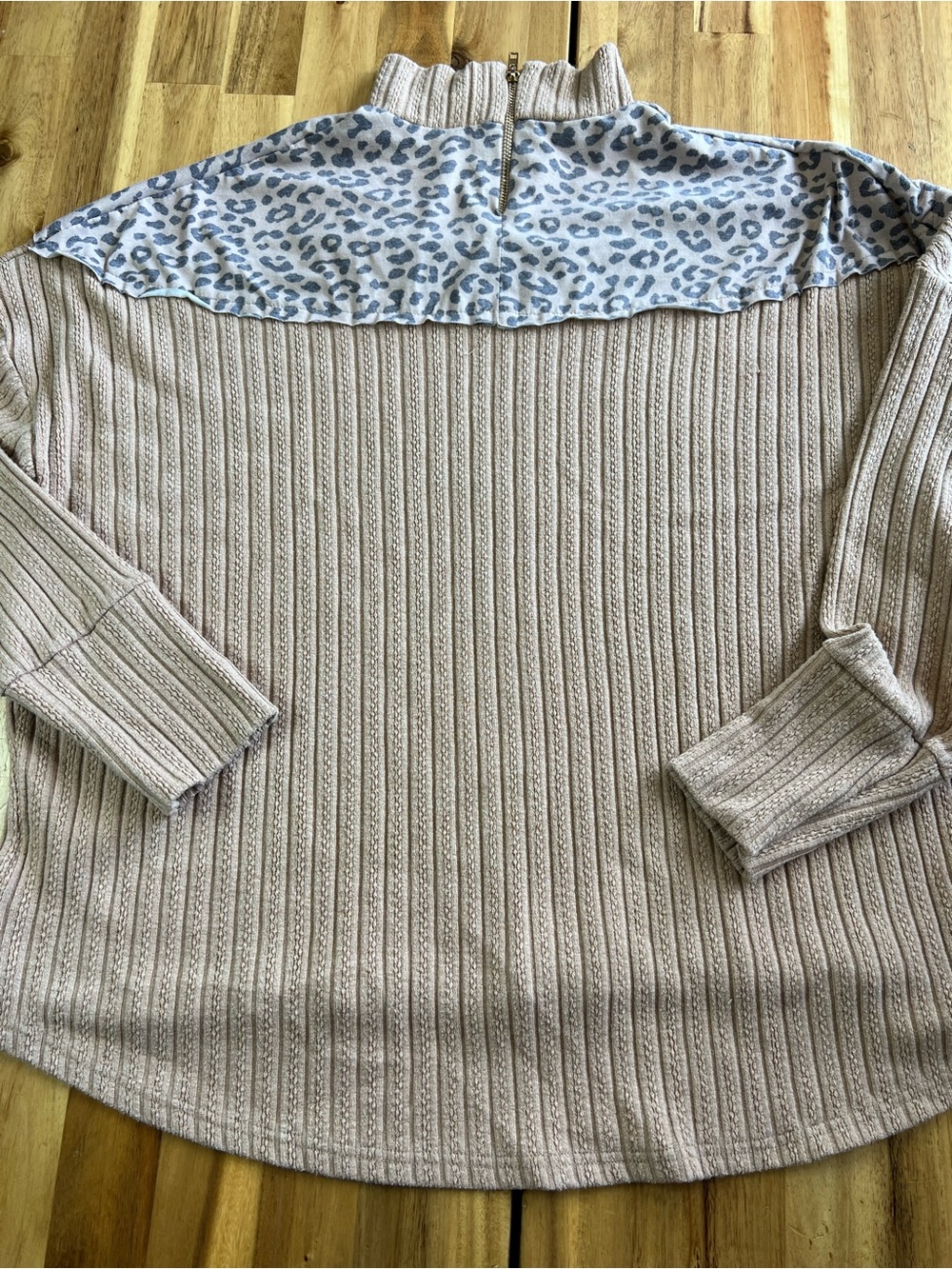 POL Camel Beige Ribbed Leopard Print Quarter Zip Pullover Top Size Large